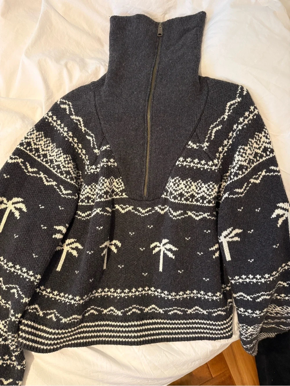 Marine Layer Archive Dark Grey & White Nordic Zip Turtleneck Sweater Fair Isle - Picture 2 of 5